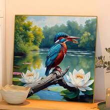 1幅全新5D圆形亚克力钻石画马赛克工艺品，描绘翠鸟捕鱼和荷塘景色，手工镶嵌钻石，适合家居墙面装饰。一份贴心的节日礼物，送给女友、父母、朋友，表达心意，增添艺术氛围，不含画框。 - 圓鑽 - 查看 2