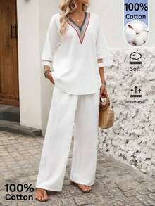 Conjunto casual de 2 piezas de camisa de manga 3/4 con cuello en V a rayas y pantalones para vacaciones de mujer - Blanco 2 - Ver 7