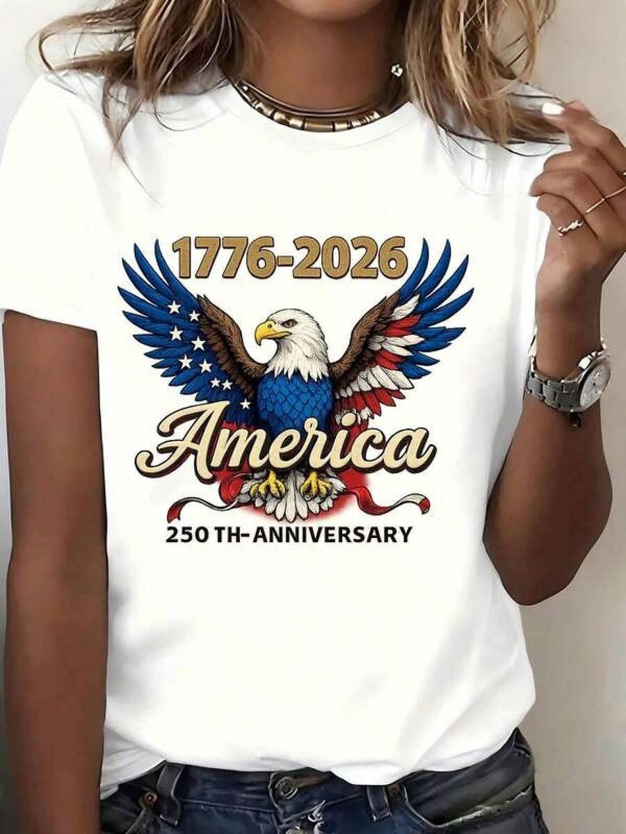 Women T Shirt America 250th Anniversary Eagle Flag Print Short Sleeve Casual Top Independence Day Celebration Apparel Su tejido duradero y de alta calidad es ideal para diversos proyectos de costura, ofreciendo un tacto suave y resistente. Además, es muy transpirable. Perfecta para primavera/verano, conjuntos de vacaciones y ropa de fiesta.Ropa De Mujer / Ropa De Mujer De Uso Diario / Blusas, Camisas Y Camisetas De Mujer / Camisetas De Mujer Ropa Deportiva Basicos Mujer Short Playeras Para Hombre - Blanco - Ver 1