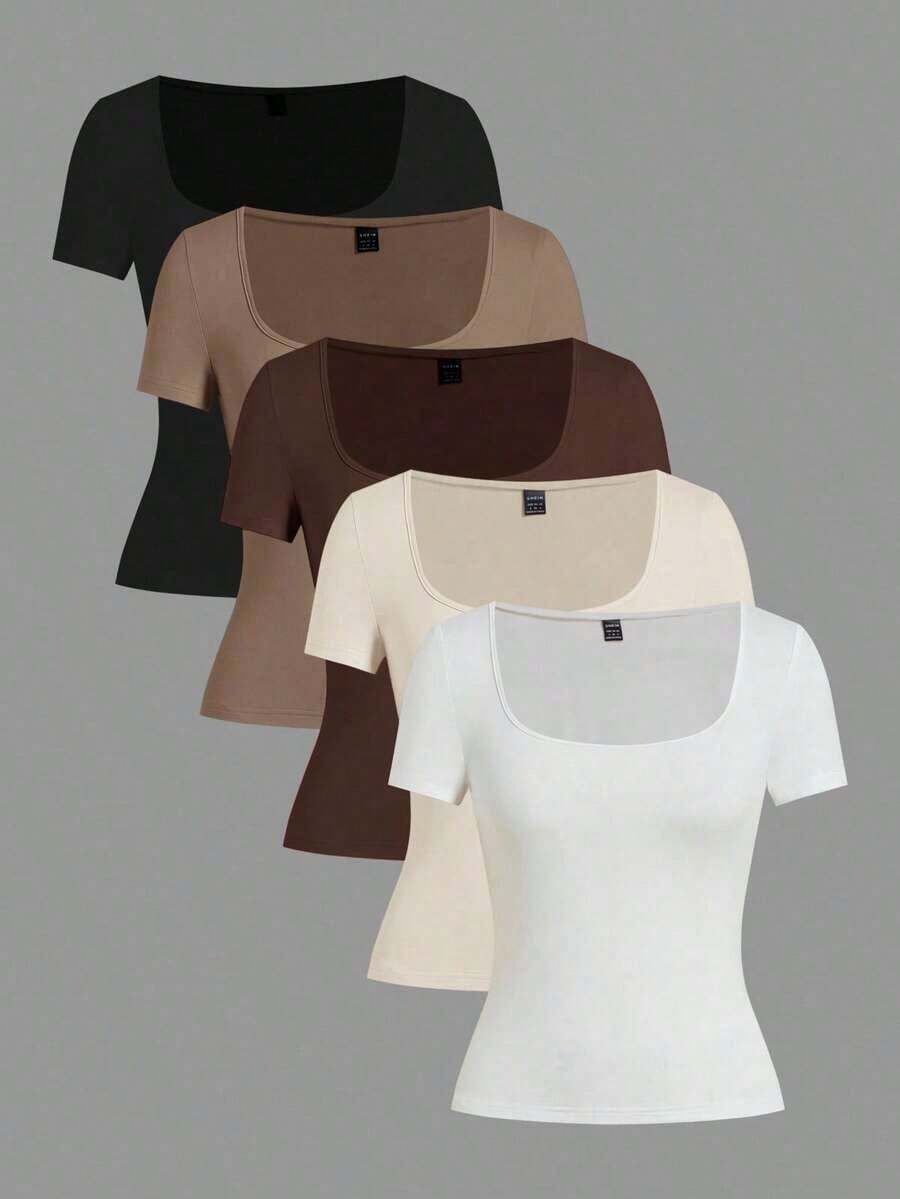 Set de 3 camisetas de punto para mujer, multicolor, camisetas básicas de primavera/verano para mujer, tops ajustados básicos, paquete de tops básicos, tops básicos para mujer, tops de ajuste ceñido, tops básicos, tops de mujer de cuello cuadrado, tops de verano para mujer, tops de manga corta para mujer, tops de verano para mujer, camisetas de mujer - Multicolor 8 - Ver 1