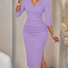 Amarilo Women's Fashion Wavy Print Wrap V-Neck Ruched Bodycon Midi Dress Elegant Spring - Morado - Ver 1
