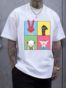 Four Colorful Characters Represent Diversity And The Interplay Between Different Worlds: A Cheerful Red Rabbit, A Sock With Glasses, A Being With Headphones, And Another In A Suit, Symbolizing Humor And Joy In Everyday Life. T-Shirt, Size [Size Missing], Cotton, RAIJ QGSR - 白色的 - 查看 9