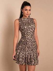 Vestido mini ajustado de mujer de color blanco liso sin mangas con volantes en la cintura y falda acampanada.Vestido de Body entero con capas para el verano, otoño e invierno - Marrón - Ver 6
