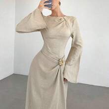 Women's Solid Color Twist Detail Front Metal Buckle Decor Flare Long Sleeve Dress, Ladies' Wedding Guest Dress, Women's Winter Formal Dress - Azul - Ver 6