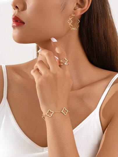 1 Set de joyas de trébol de cuatro hojas de metal de moda, incluyendo aretes, anillo y pulsera, accesorios de uso diario y regalo para mujeres