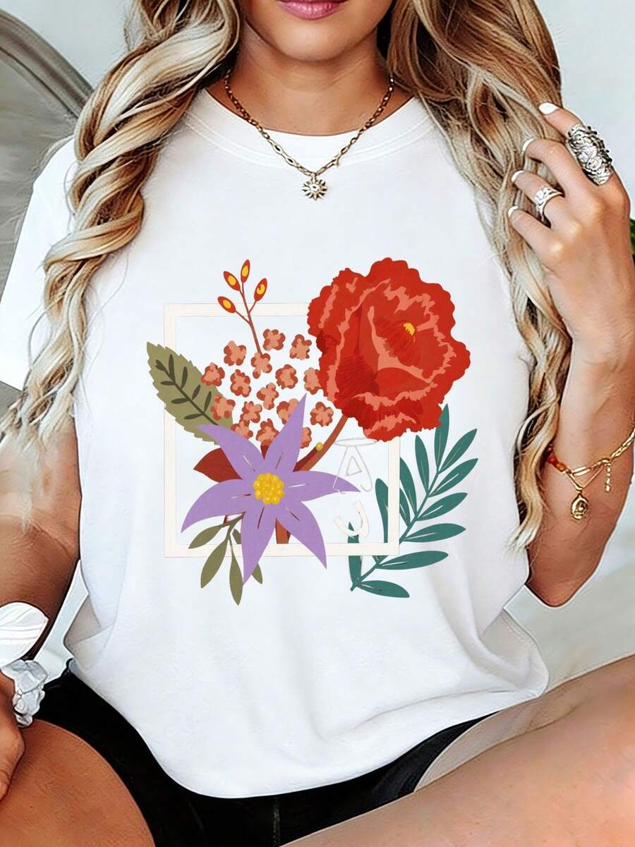 Camiseta de manga cortara mujer con estampado floral de rosas y estrellas - Camiseta casual de verano transpirable con diseño de ramo de flores colorido, regalo perfecto para mamá, novia, mejor amiga en cumpleaños, Día de la Madre, Día de San Valentín