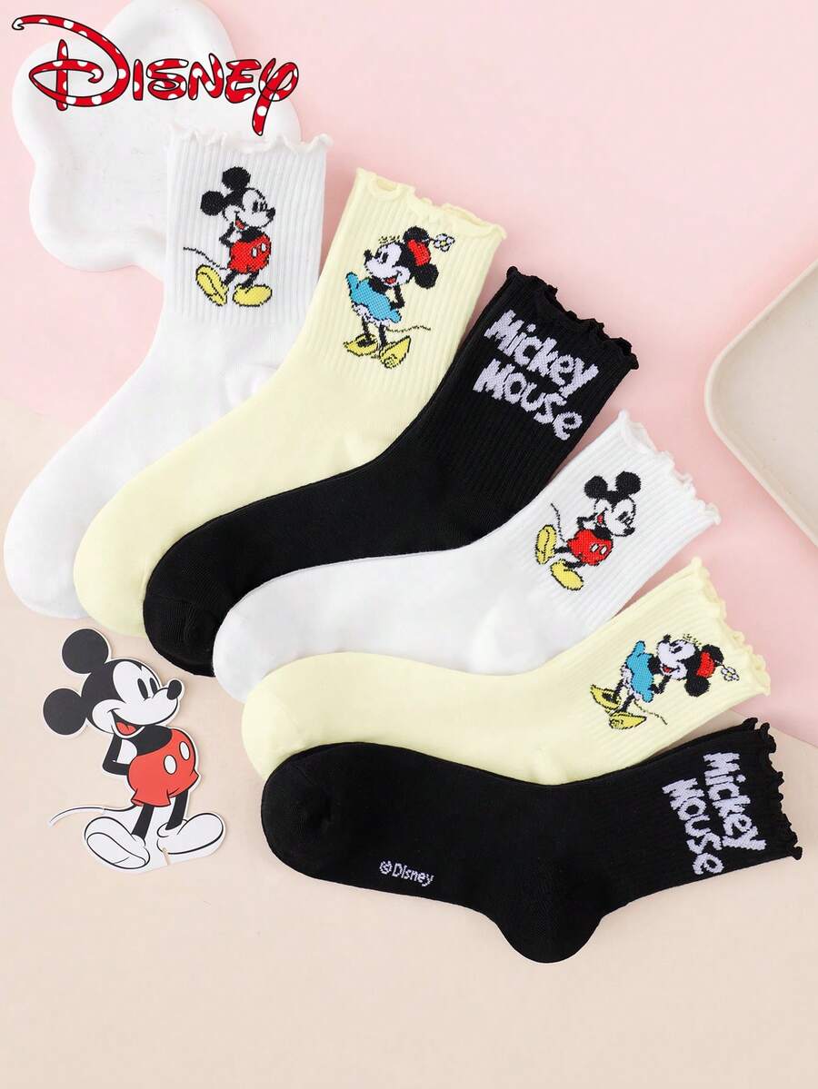 Disney 1/3/6双装迪士尼米奇米妮卡通可爱印花荷叶边中筒袜，时尚舒适百搭男女通用休闲袜，适合所有季节 - 彩色 - 查看 1