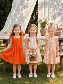 Conjunto de 3 vestidos para niña con cuello cuadrado y volantes acanalados, estampado floral + estampado a rayas + color liso, multicolor, para uso diario, escuela, vacaciones y fiesta, outfit de vuelta al cole - Multicolor - Ver 4
