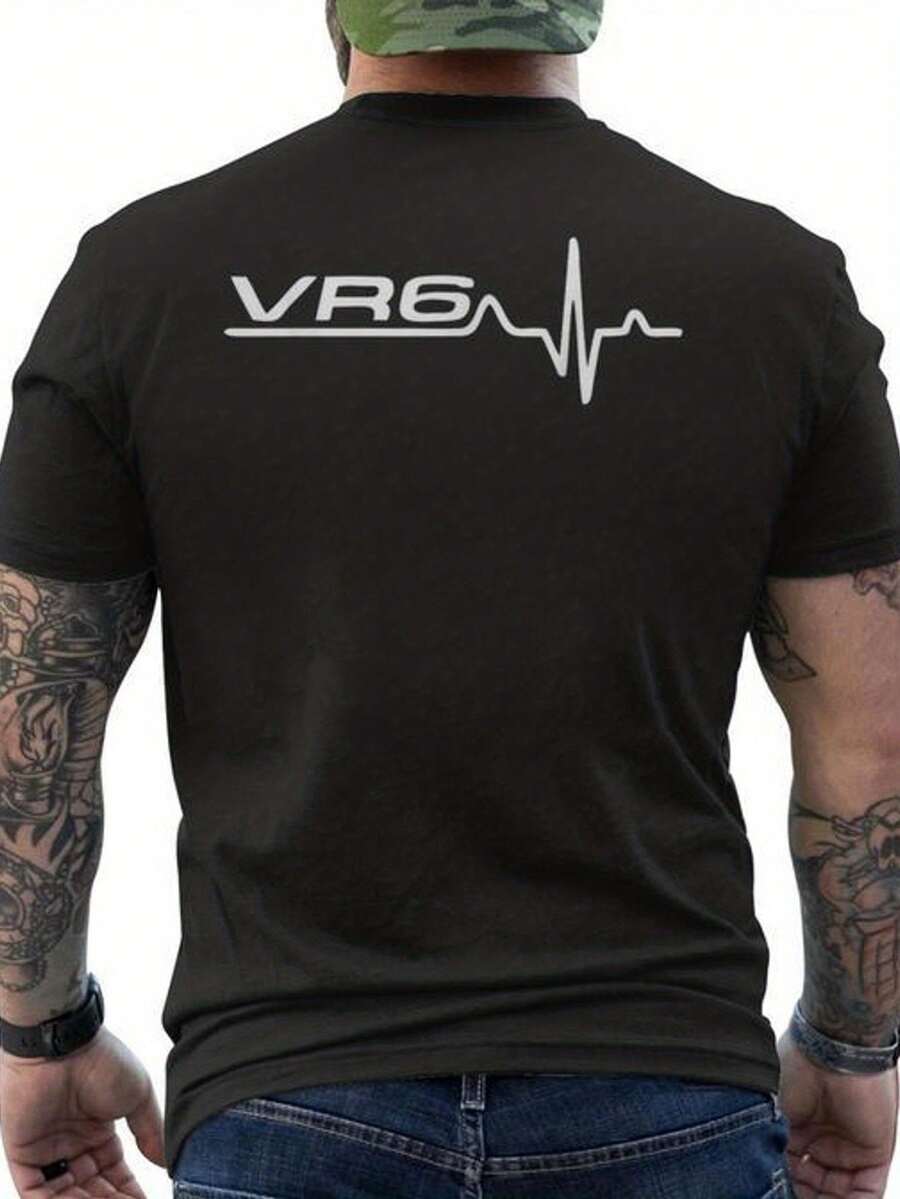 Sommer Engineerr6 Men's Graphic T-Shirt - Heartbeat Line Design With VR6 Text - Breathable Crew Neck T-Shirt - Casual Everyday Wear For Tech And Automotive Enthusiasts - Comfortable All-Season Clothing, Leisure Wear, Short Sleeve, Geometric Pattern, Loose And Comfortable For Summer. - Back - View 1