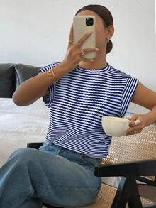 Camiseta casual de mujer con estampado de lunares, verano - Azul y blanco - Ver 3