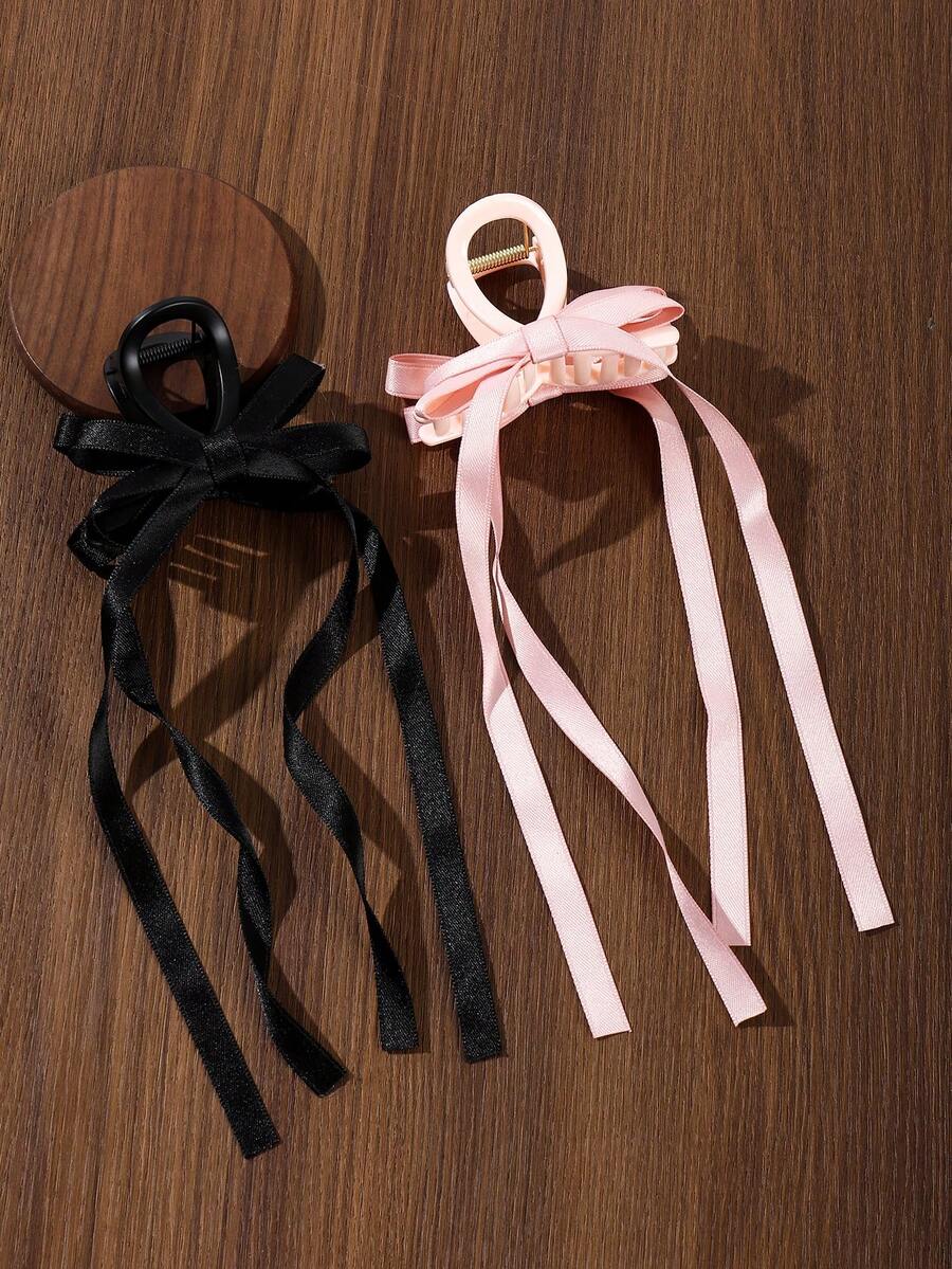 2pcs Women's Solid Color Double Bow Ribbon Hair Clips, Suitable For Daily Use Summer Hair Accessories Beach Claw Clips Vacay Hair Claw Elegant Hair Clutch - Black+Pink - View 1