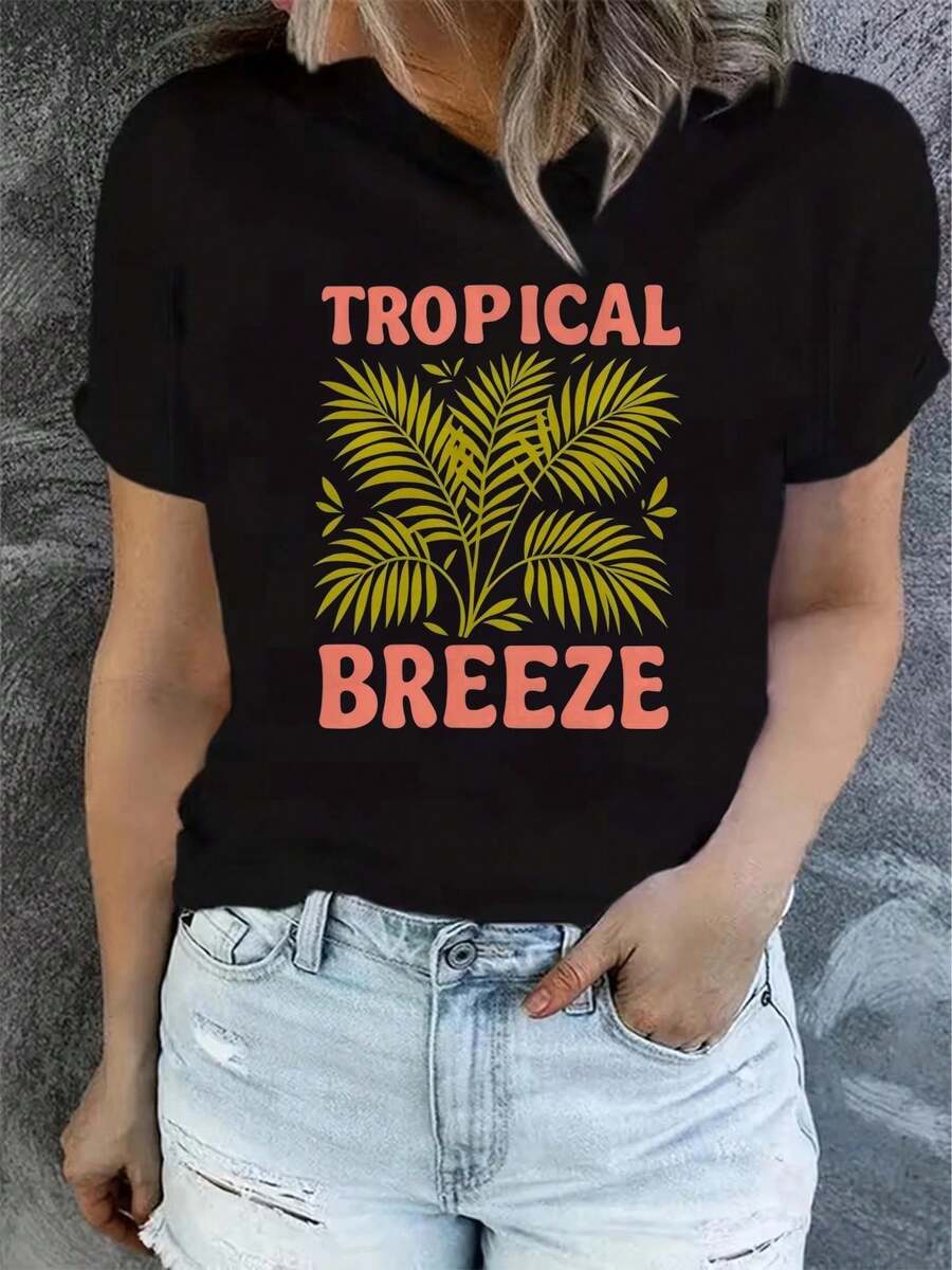 1 Women's Summer Short Sleeve T-Shirt With Print, Modern And Casual, Machine Washable, Comfortable Fit, 2D Flat Print, 180g, 100% Cotton. - 黑色_08 - 查看 1