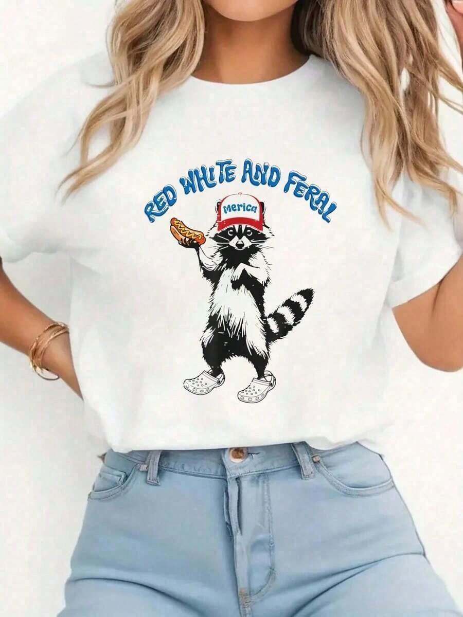 1 pieza Camiseta Divertida con Estampado de Mapache Patriótico para el 4 de Julio, en Rojo y Blanco, Camiseta Casual de Cuello Redondo y Manga Corta, Cómoda para Primavera y Verano, Ropa de Mujer Y2Y-Ropa de Verano JKRD180g 100% Algodón - Blanco - Ver 1