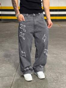 Grunge Goth Y2K 男士时尚休闲街头宽松个性化年轻运动学院直筒街头十字刺绣纯色四季牛仔裤 - 灰色 - 查看 3