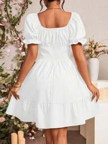 Vestido de manga abullonada con volantes y nudo delantero para el verano, ropa para Año Nuevo - Blanco - Ver 2