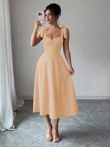 elegante y romántico para mujer con lazo decorativo en la cintura y corte evasé sin mangas - Albaricoque - Ver 6