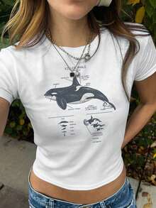 Free Shipping, Local Delivery In Mexico, 4-Day Delivery. Unity Women's Summer Short-Sleeve T-Shirt With Orca Print, Marine Life Slogan In Y2K Style. - 白色的 - 查看 1
