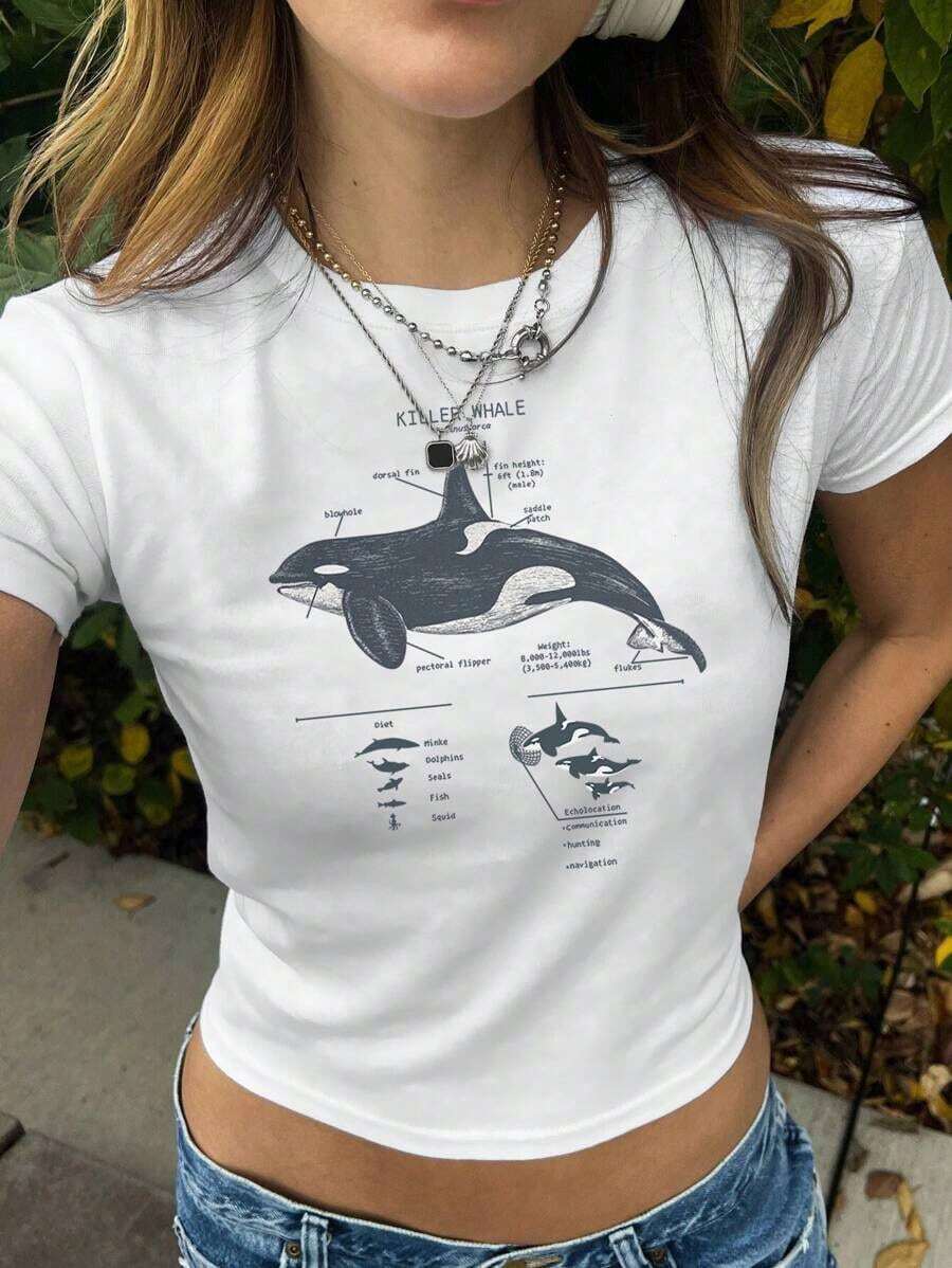 Free Shipping, Local Delivery In Mexico, 4-Day Delivery. Unity Women's Summer Short-Sleeve T-Shirt With Orca Print, Marine Life Slogan In Y2K Style. - 白色的 - 查看 1