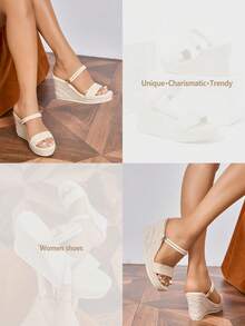 Women's Wedge Thick Bottom Sandals, Woven Straw Rope, Minimalist Strap Two-Way Wear Round Toe High Heel Slides,Summer Sandals - Apricot - View 11