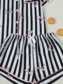 Set Piyama Wanita Lengan Pendek Bergaris Motif Pita Berkerut Model Gelembung - Hitam - View 6