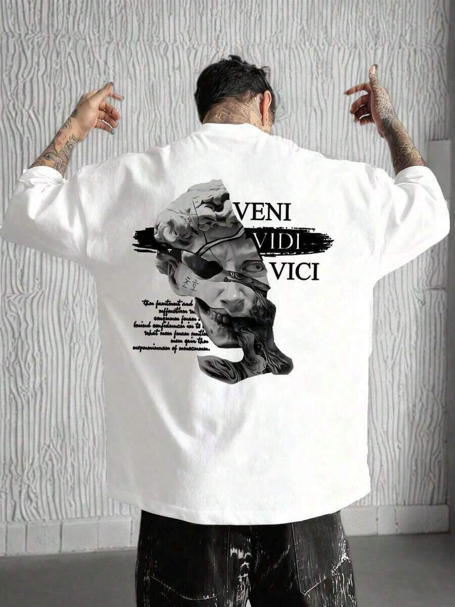 Camiseta de algodón de manga corta negra con estampado de retrato de escultura abstracta para hombres 7E8P - Blanco - Ver 1