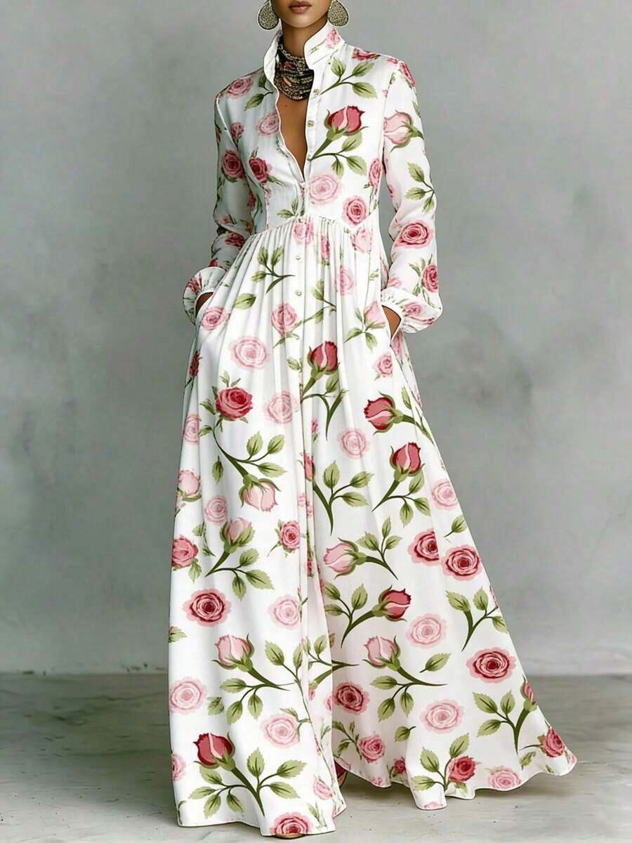 Elegant Retro Slimming Long Sleeve Printed Dress Women French Style Vacation Bodycon Midi Dress With Waist CincherDesign EuropeanAndCasual Party Wear - 玫瑰 - 查看 1