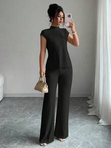Nuevo juego de pantalones casuales de manga corta de color sólido casual para mujeres - Negro - Ver 1