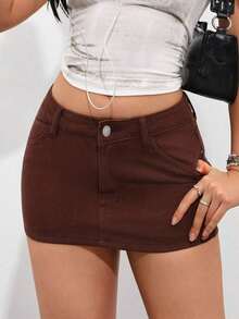 Falda vaquera mini casual, sexy y ceñida de moda para el verano para mujeres - Marrón - Ver 6