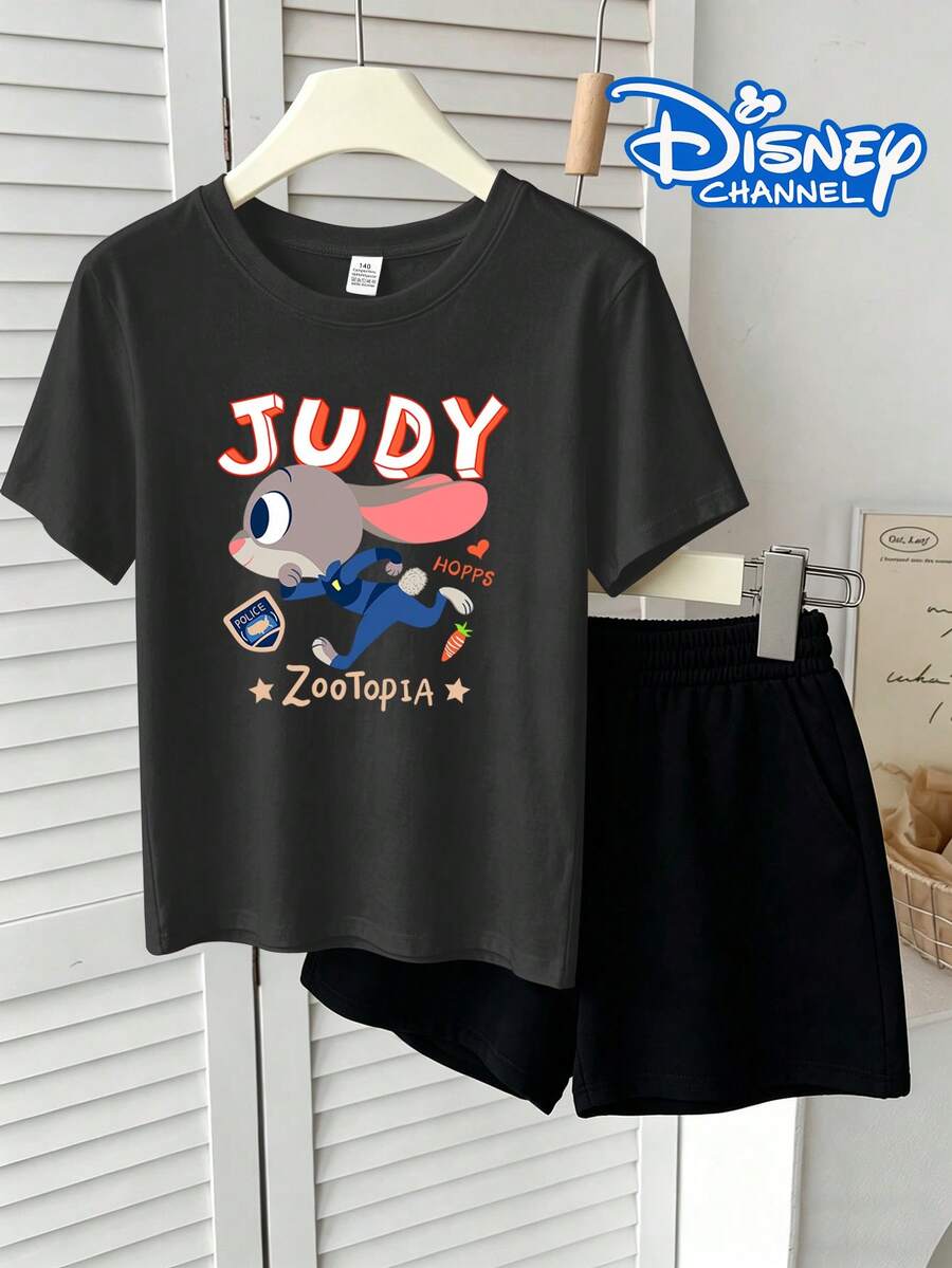 100% Cotton Disney Licensed Girls Judy Hopps Set - Bold Print Short Sleeve T-Shirt & Elastic Shorts For Kids,Daily Casual Wear, Minimalist Commute Style, Apparel For Teenage & Older Girls, Girls Short-Sleeve Set, Kids Two-Piece Outfit - 黑色 - 查看 1