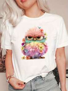 Camiseta de cuello redondo con estampado de loro de dibujos animados Summersummer, camiseta casual de manga corta, adecuada para primavera y verano, conjuntos Y2Y-Spring para mujer, tops de verano, ropa de verano, tops. |   Diseño exquisito |   Suelto y cómodo |   Fácil de combinar | - Blanco - Ver 1