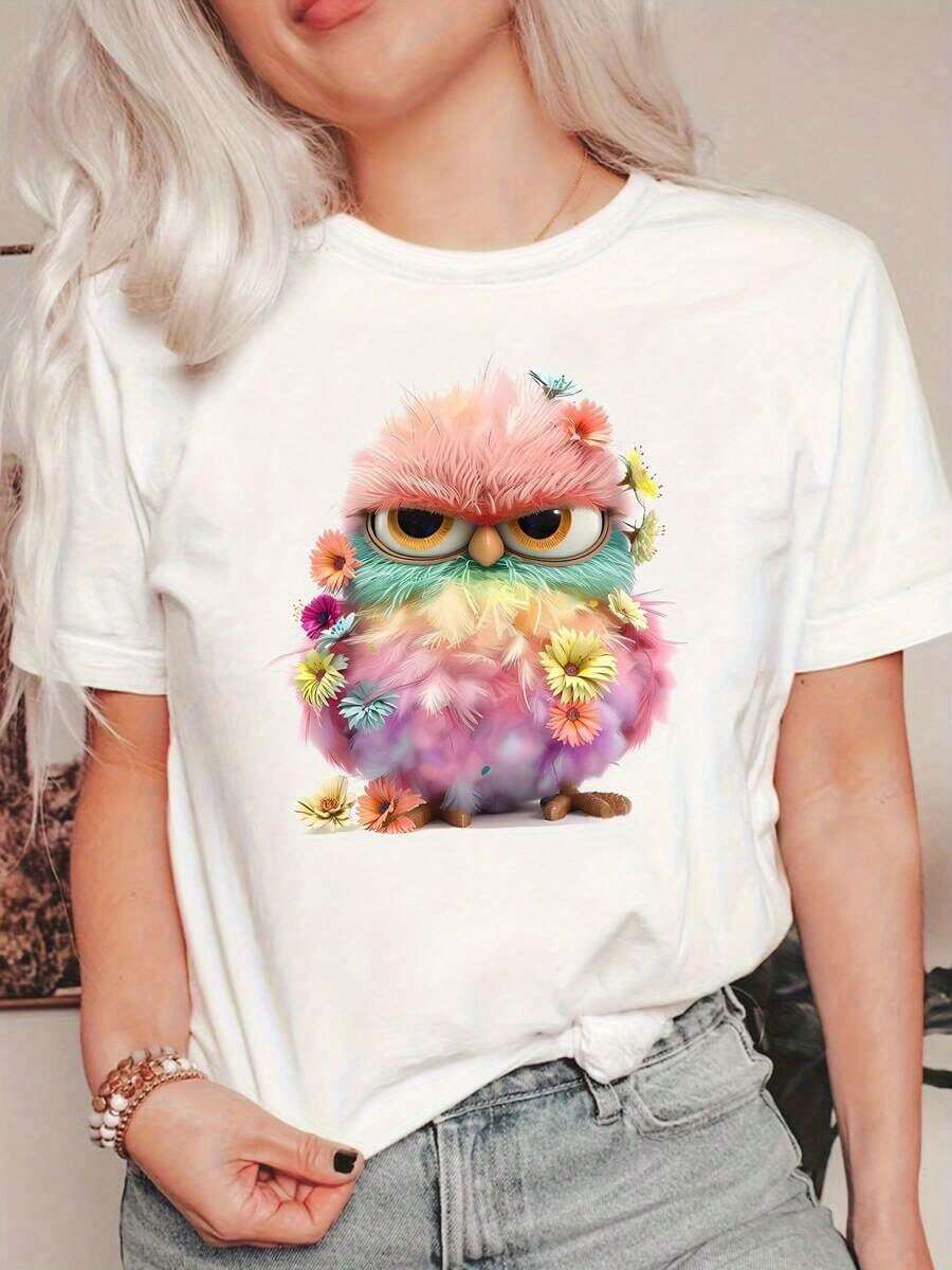 Camiseta de cuello redondo con estampado de loro de dibujos animados Summersummer, camiseta casual de manga corta, adecuada para primavera y verano, conjuntos Y2Y-Spring para mujer, tops de verano, ropa de verano, tops. | Diseño exquisito | Suelto y cómodo | Fácil de combinar | - Blanco - Ver 1