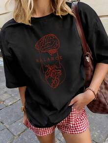 Camiseta de mujer estampada de manga corta para verano, tela de poliéster, estilo multifuncional, corte regular, peso 180 gramos, 1 unidad. - Negro - Ver 2