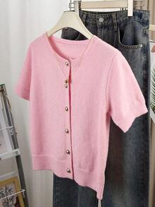 Cárdigan de botones gris para mujer - Cárdigan casual y de moda de manga corta, elástico, silueta en forma de H, adecuado para primavera y verano, diseño con detalle de punto acanalado, cierre de botones, tela transpirable, estilo cárdigan, artículo esencial de primavera/verano - Rosa - Ver 6