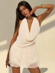 vestido mini con cuello halter profundo, espalda descubierta, unicolor, cuello drapeado asimétrico y bajo con volantes, adecuado para salir - Beis - Ver 6