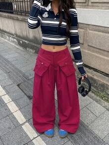 女士春夏时尚休闲裤，配有可拆卸3D口袋，阔腿设计，适合音乐会、嘉年华、街头穿着。 - 玫紅色 - 查看 3