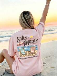 Camiseta de manga corta con cuello redondo, estampado, de estilo minimalista y versátil para vacaciones y playa, para mujer - Rosa - Ver 2