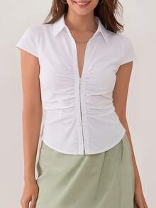 Women's 2026 Solid Ruched Button-Up Blouse Casual Everyday Short Sleeve Collared Work Shirt - 白色 - 查看 2