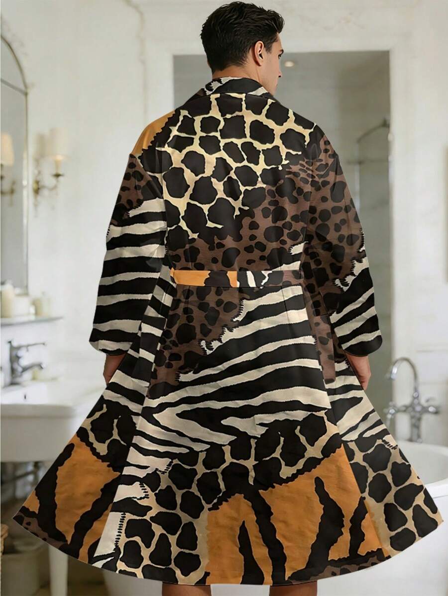 Plus-Size Men's Casual Kimono Robe, Leopard Print, Essential For The Pool, Summer Vacation Beach Cover-Up, Long Loose Lightweight Cardigan With Belt