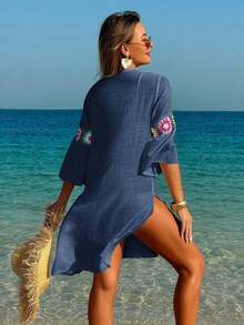 Swim Lushoire Vestido/Cubrecuerpo casual y holgado con estampado floral de ganchillo y cuello en V, manga 3/4, abertura lateral, color aleatorio, para mujer - Azul - Ver 2