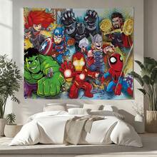 1pcs Cartoon A Vengers S Uperhero Wall Tapestry Backdrop, Iron Man C Aptain America S Piderman Party Decorations For Photo Booth, Cute Hero Team Photography Background, Living Room Bedroom Aesthetic Wall Decor, Outdoor Indoor Celebration Banner, Backyard Party Photo Prop Supplies, School Event Poster Decor, Home Dormitory Wall Hanging Art - 多色-A - 查看 3