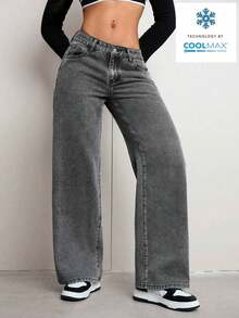 ICON Solid Color Wide Leg Pocket Jeans, Casual And Versatile - 灰色 2 - 查看 6