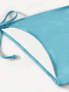 Women's Simple Solid Color Swim Bikini With A Halter Neck And Cutout, Suitable For Beach Vacations And Summer. - Blue 3 - View 3