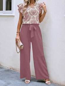 2 piezas Conjunto casual de vacaciones con blusa de mangas de casquillo con cuello en V con estampado floral y pantalones de pierna ancha para mujer - Rosa - Ver 7