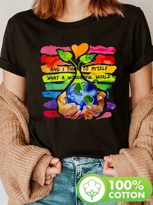 Camiseta con estampado del Día de la Tierra, Top casual de manga corta y cuello redondo para verano y primavera, Ropa de mujer - Negro - Ver 6