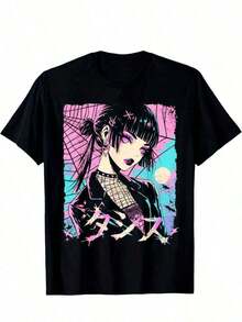 Camiseta para mujer, tejido de algodón suave, conjuntos cómodos de verano, prendas de talla femenina, camisetas con diseño gráfico, tops de estilo streetwear japonés para chicas, estampado de personaje anime oscuro, camiseta de manga corta, prendas veraniegas, estética y2k, ropa negra para viajes, ropa ligera de verano, conjuntos modernos de primavera y verano. - Negro - Ver 7