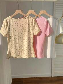 3 piezas de camisetas cortas básicas de cuello redondo y cortas para mujer en marrón café y blanco, ropa de otoño - Multicolor - Ver 3
