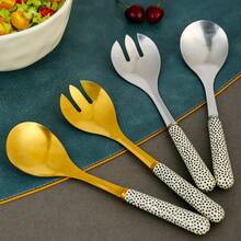 Stainless Steel Salad Fork And Spoon Set With Ceramic Handles, Extended Polka Dot Ceramic Handle Salad Spoon, Nordic Style Gold And Silver Color Salad Mixing Utensil, Kitchen Cooking And Baking Mixing Tool, High-End Gift Box Tableware, Dishwasher - View 1