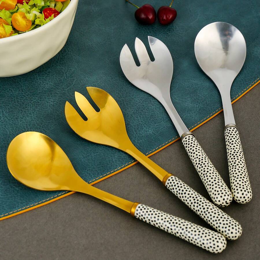Stainless Steel Salad Fork And Spoon Set With Ceramic Handles, Extended Polka Dot Ceramic Handle Salad Spoon, Nordic Style Gold And Silver Color Salad Mixing Utensil, Kitchen Cooking And Baking Mixing Tool, High-End Gift Box Tableware, Dishwasher - View 1