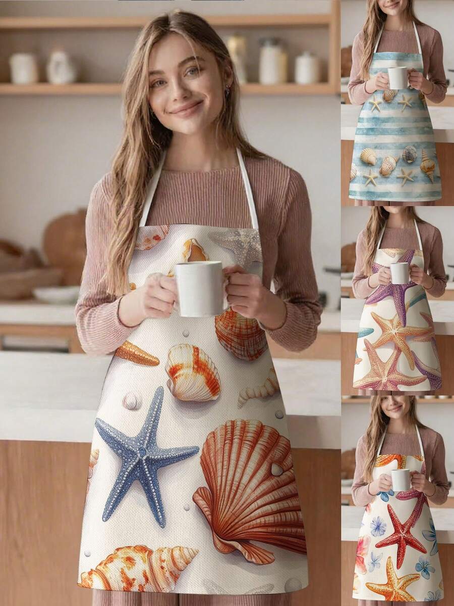 1 pieza, Delantal de poliéster con estampado de estrella de mar, concha, medusa y pez, adecuado para cocinar, hornear y jardinería - se puede usar como vestimenta para la cocina y el comedor. - Multicolor - Ver 1