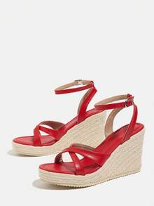 Women's Fashion Versatile Red Wedge Thick Bottom Sandals, Vacation Party Crossover Strap Decor Woven Bottom Bohemian Style Wedge Sandals - Red - View 7